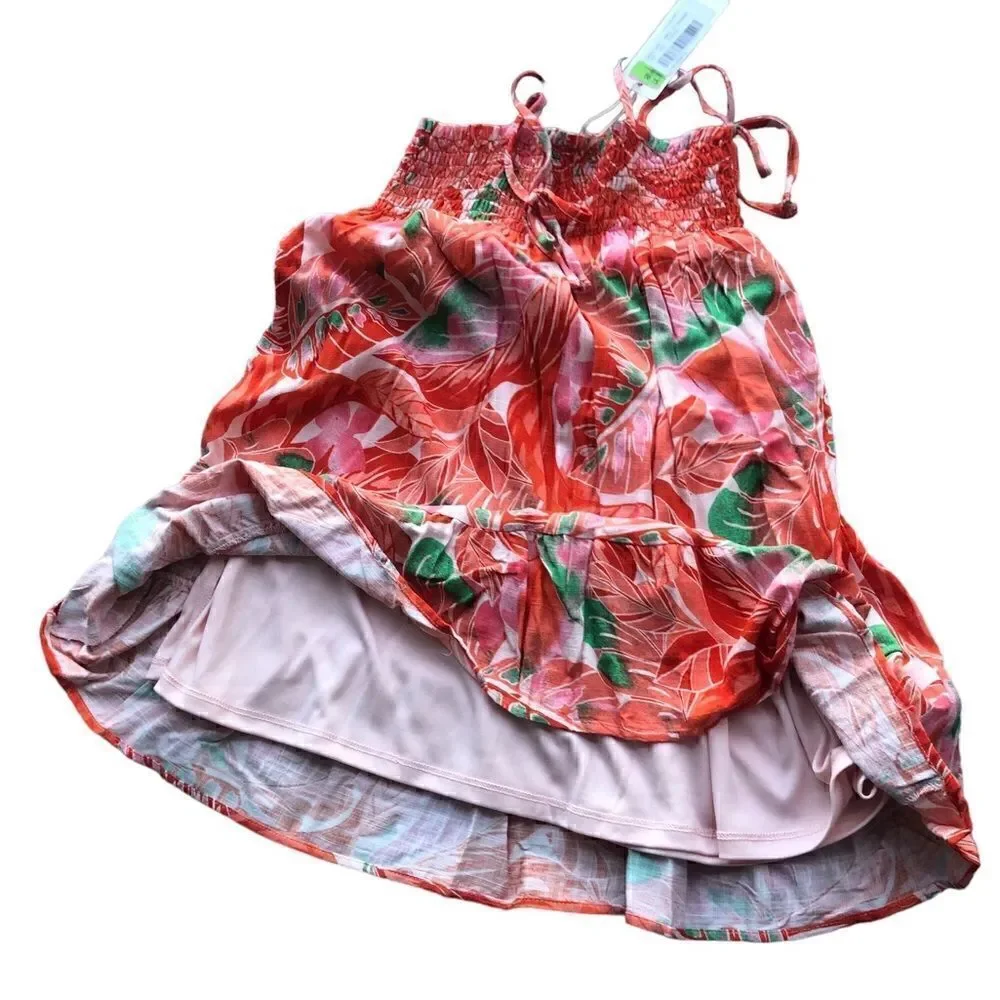 NWT GB Girls Orange Mauve Green Hawaiian Tropical Elastic Ruffle Shoulder Straps